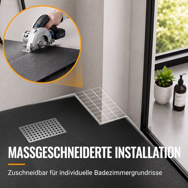 Zuschneidbare Duschwanne mit Abflussgitter für individuelle Badezimmergrundrisse. Detailansicht zeigt das Zuschneiden der Duschwanne mit einer Säge.