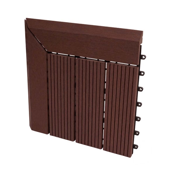 WPC-Terrassenfliese mit Kantenabschluss und Eckstück, geriffelte Oberfläche, Klicksystem.