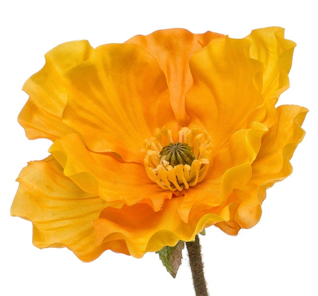 Künstlicher Blumenstiel mit gelben Blüten und grünem Stiel.