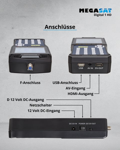 Megasat Digital 1 HD Satellitenmessgerät mit Übersicht der Anschlüsse wie F Anschluss USB HDMI AV Eingang und 12 Volt Stromversorgung