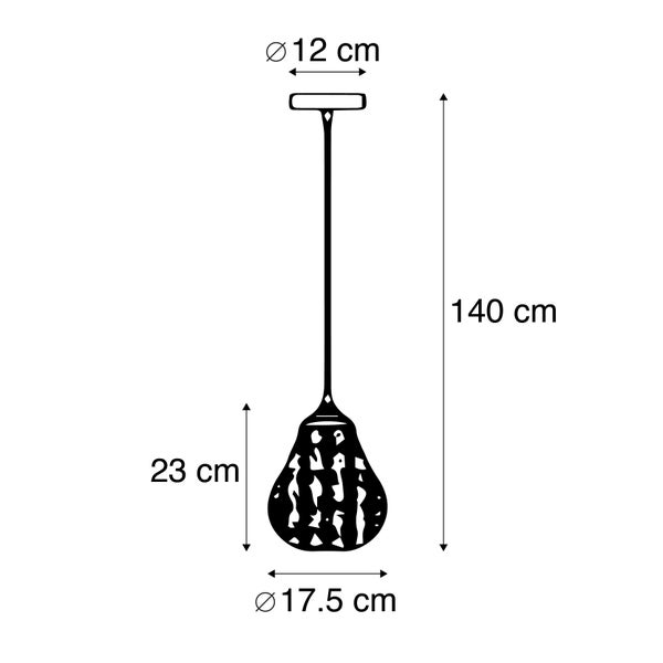 Abmessungen einer Pendelleuchte: Durchmesser oben 12 cm, Höhe 23 cm, Durchmesser unten 17,5 cm, Gesamthöhe 140 cm.
