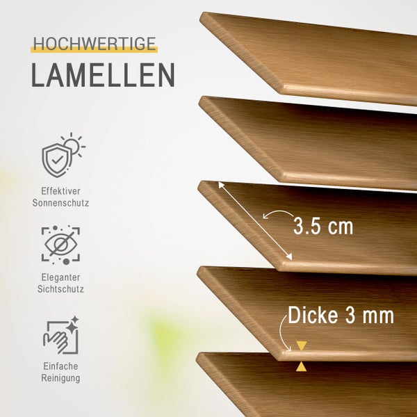 Holzlamellen für Jalousien mit 3,5 Zentimeter Breite und 3 Millimeter Dicke als Sonnen- und Sichtschutz.