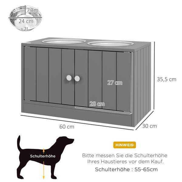 Hundebar mit Schrank und zwei Edelstahlnäpfen. Maße: 60 mal 35,5 mal 30 Zentimeter. Geeignet für eine Schulterhöhe von 55 bis 65 Zentimeter.