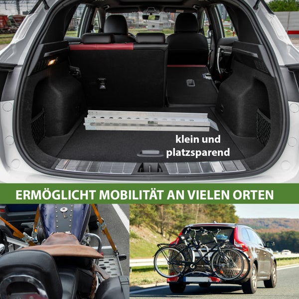 Motorradrampe zur Mobilität an verschiedenen Orten im Kofferraum eines Autos