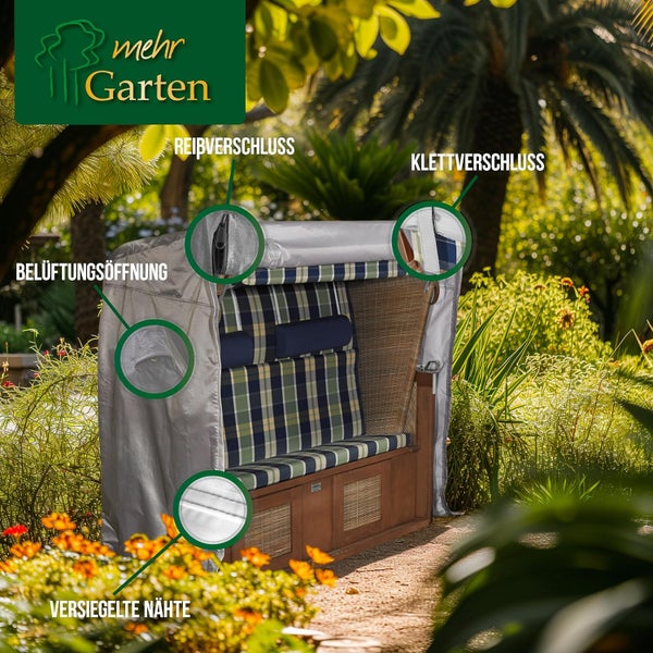Mehr Garten - Premium Plus Strandkorb-Schutzhülle: 125(B)x100(T)x165/140(H) cm I Abdeckhaube für Strandkörbe atmungsaktiv, wasserdicht & UV-beständig aus 3-lagigem Gewebe I Strandkorbschutz I Taupe
