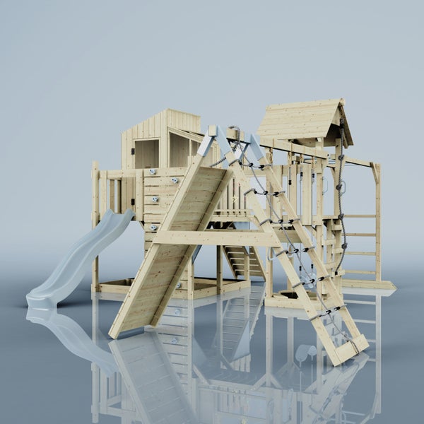 Holzspielturm mit Rutsche, Kletterwand und Seilleiter für den Außenbereich