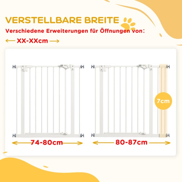 PawHut Türschutzgitter Hunde, Absperrgitter, 74-87 cm, Treppenschutzgitter für Haustier, Hundegitter inkl. verschiedene Verlängerungen, Schutzgitter ohne Bohren, Metall, Kunststoff, Weiß