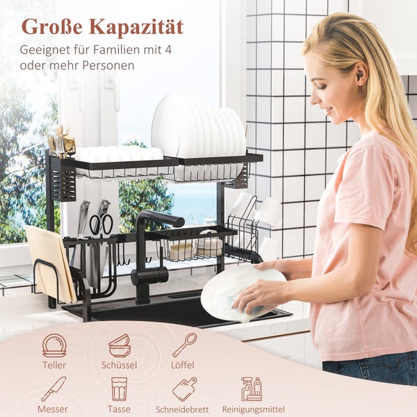 HOMCOM Abtropfgestell Geschirr, 2-stufiges Abtropfständer mit Haken, Tellerregal, Zubehör, 65 cm Abtropfgitter Gestell für Küchenspüle, Stahl, Schwarz