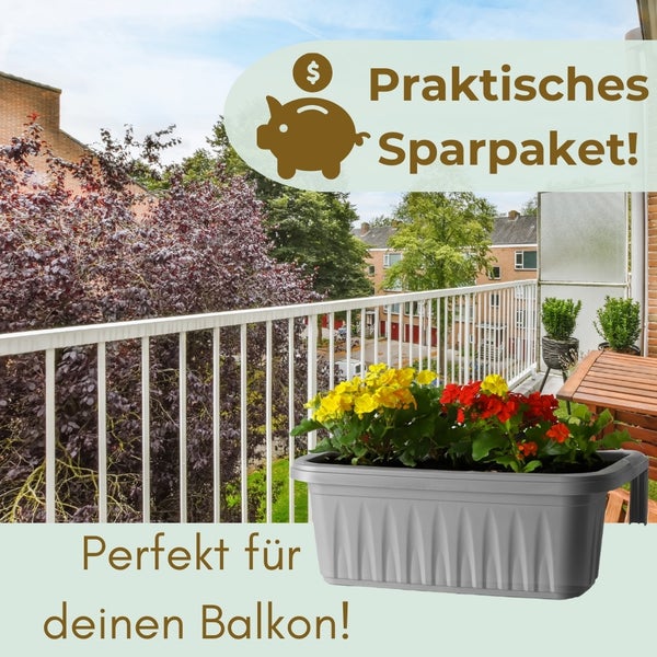 Balkonszene mit bepflanztem Blumenkasten und Text: Praktisches Sparpaket, perfekt für Ihren Balkon