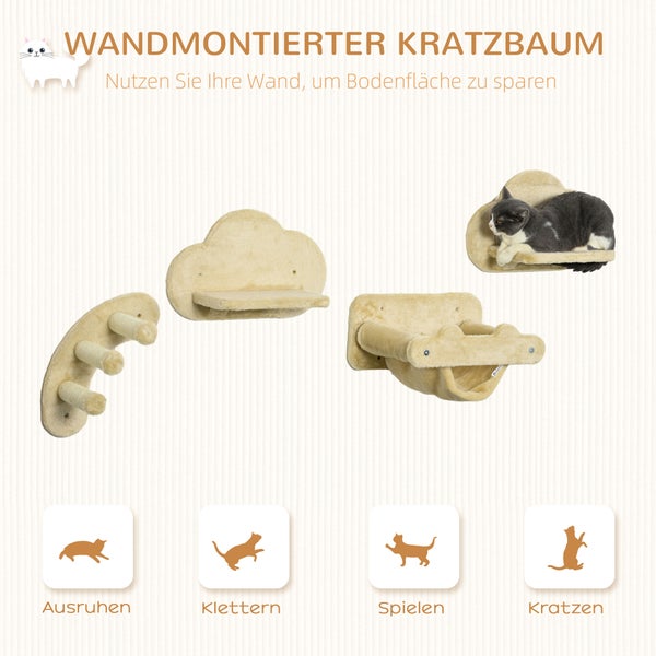 Wandmontierter Kratzbaum mit verschiedenen Elementen für Katzen