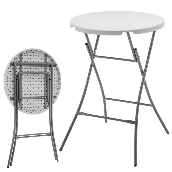Runder Stehtisch, klappbar, mit weißer Kunststoffplatte und grauem Metallgestell, stehend und zusammengeklappt.