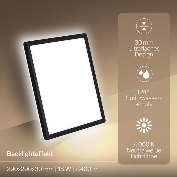 Quadratisches LED Panel mit schwarzem Rahmen, 290 mal 290 Millimeter, 18 Watt, 2400 Lumen, 4000 Kelvin neutralweiß, spritzwassergeschützt.
