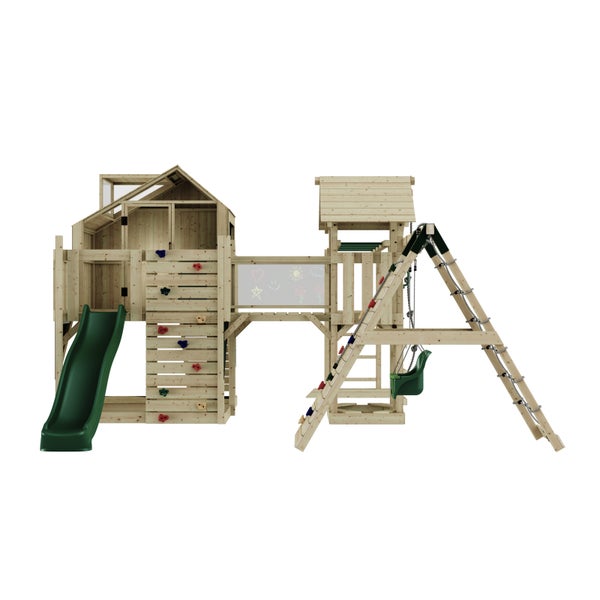 Spielplatz mit Kletterwand, Rutsche und Schaukel aus Holz