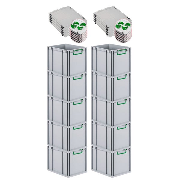 PROREGAL Spar Set 10x Eurobox Nextgen Color Mit Auflagedeckel & Schiebeschnappverschlüsse HxBxT 32 x 30 x 40 cm Griffe Grün Geschlossen Glatter Boden