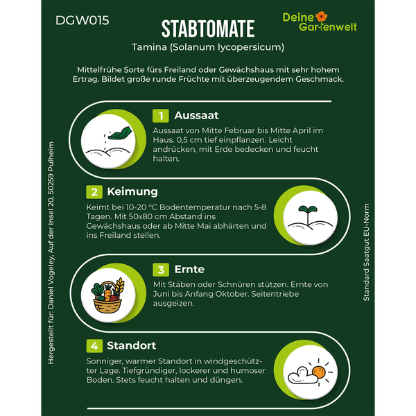 Infografik zur Stabtomate Tamina mit Informationen zu Aussaat, Keimung, Ernte und Standort. Deine Gartenwelt Logo.