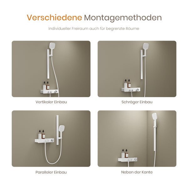 EMKE Duschsystem mit Thermostat, Duschsystem Weiß, mit 3 Strahlarten Handbrause, höhenverstellbarer Aluminium-Schiene, Duscharmatur Komplettset
