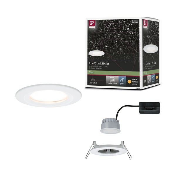 Paulmann LED-Einbaustrahler Nova Set, 470 Lumen, IP44 Schutzart, warmweiß, 3-Stufen-dimmbar, matt weiß, inklusive LED Modul und Anschlussdose.