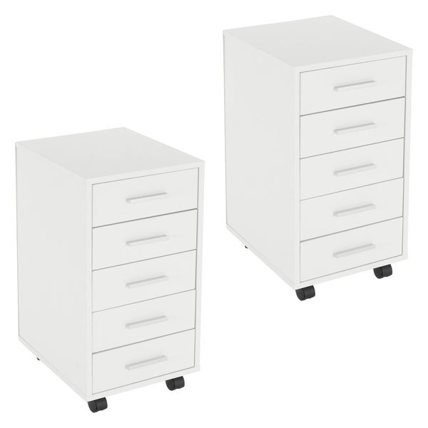 ML-Design 2er Set Rollcontainer mit 5 Schubladen, 33x38x63,5 cm, Weiß, Holz, Alu-Griffe, Mobiler Aktenschrank, Büroschrank mit Rädern, Bürocontainer Schubladenschrank Rollschrank Rollwagen Kommode