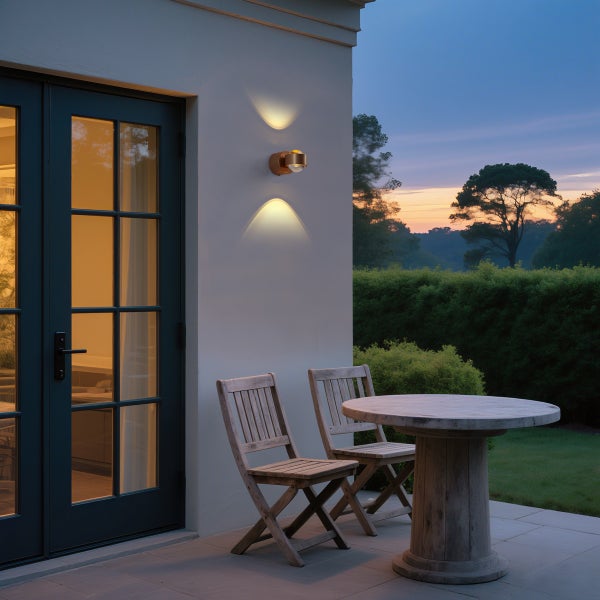 Außenbereich mit Wandleuchte, Holztisch und Stühlen im Garten bei Dämmerung