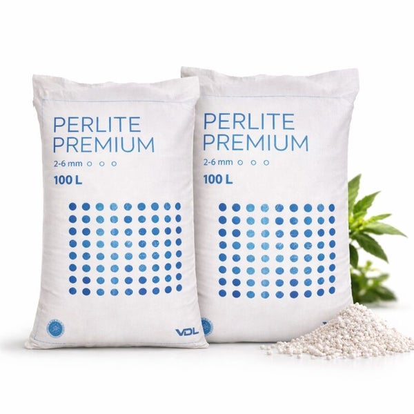 Zwei 100-Liter-Säcke Perlite Premium, Körnung 2 bis 6 Millimeter, Granulat und VDL Logo.