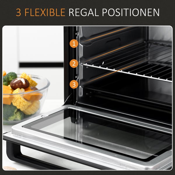 Innenansicht eines Backofens mit drei flexiblen Einschubebenen für Grillrost und Backblech.