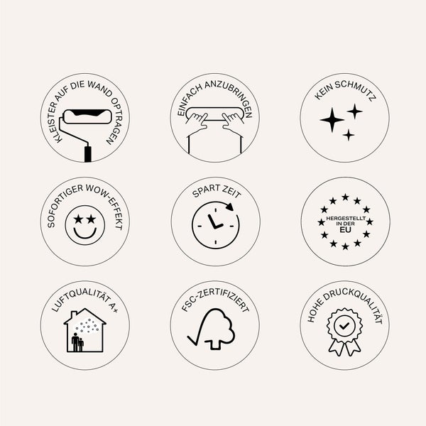 Symbole: Wand einkleistern, einfache Montage, sauber, Wow-Effekt, zeitsparend, EU-Herstellung, Luftqualität A plus, FSC, hohe Druckqualität.