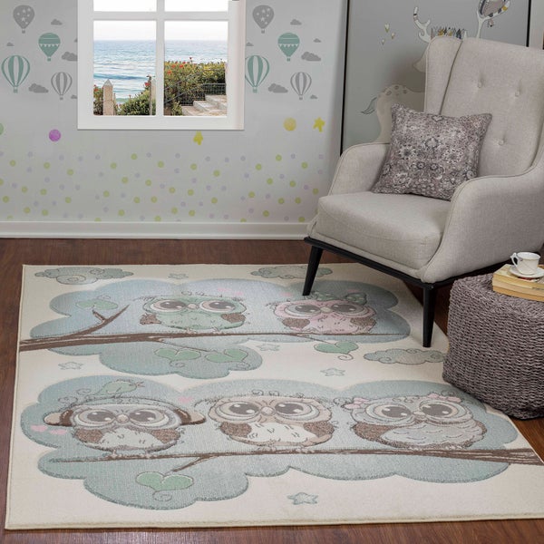 Teppich für Kinder Bunte Eulen Beige/Blau 200x275 cm SLEEPY BOO