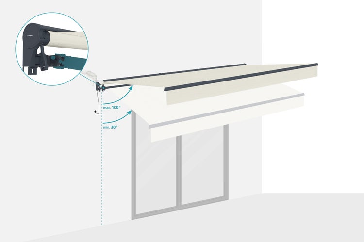 Illustration einer Gelenkarmmarkise mit einem maximalen Ausfallwinkel von 100 Grad.