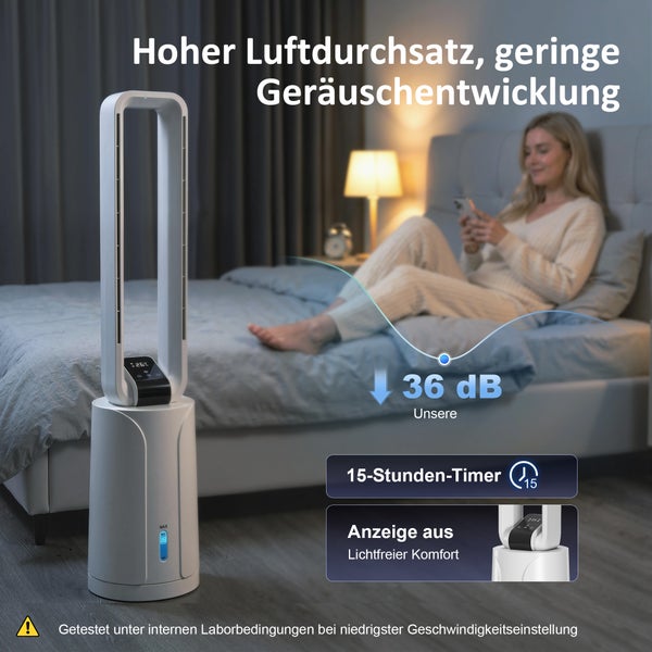 Blattloser Turmventilator im Schlafzimmer neben einem Bett, 36 Dezibel Geräuschpegel, 15 Stunden Timer und Displayabschaltung.