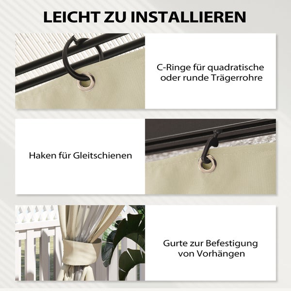 Infografik zur Vorhangbefestigung mit C-Ringen, Haken für Gleitschienen und Befestigungsgurten für einfache Installation.