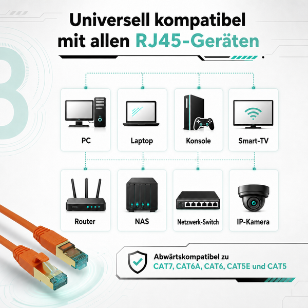 Infografik für ein RJ45-Netzwerkkabel, kompatibel mit Computer, Laptop, Konsole, Fernseher, Router, Netzwerkspeicher, Switch und Netzwerkkamera.