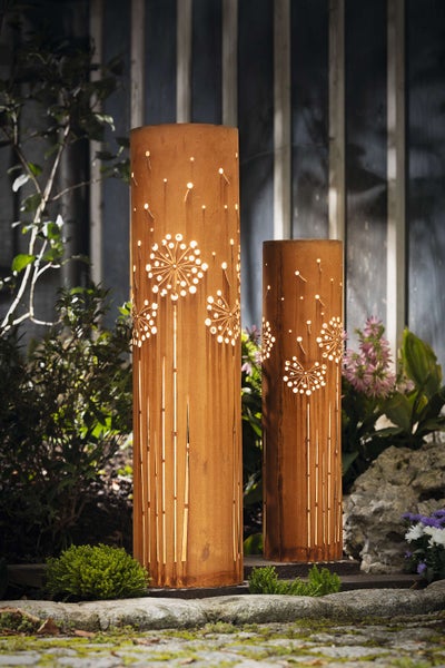 FRANK FLECHTWAREN | LED-Solarsäule Pusteblume, 2er Set, METALL, KUNSTSTOFF, 15,5 x 15,5 x 60 cm, 19,5 x 19,5 x 80 cm