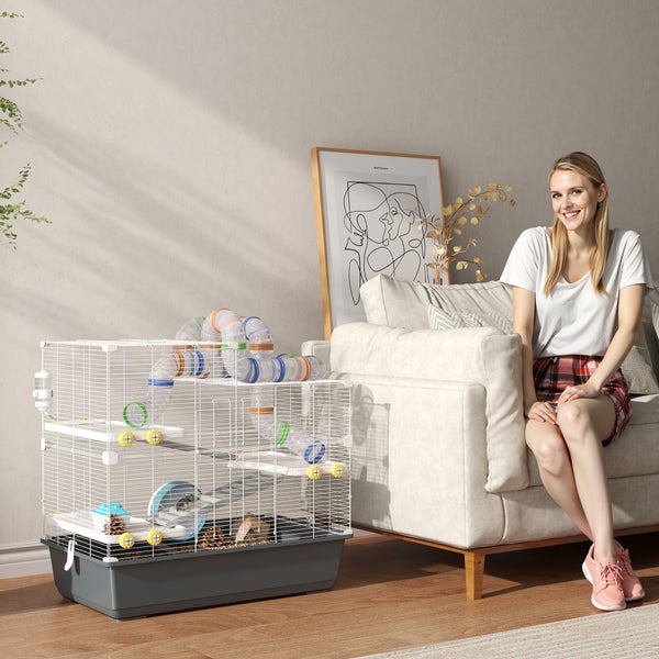 PawHut Hamsterkäfig 4 Etagen Nagerkäfig  Kleintierkäfig mit Laufrad Futternapf Tunnel Hütte Obertür, Kleintierstall Käfig für Hamster Syrischer Hamster 78 x 45 x 73 cm, Grau