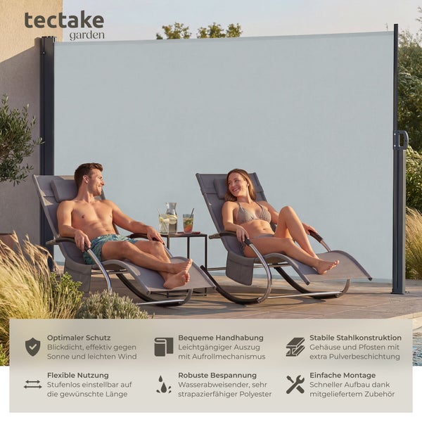 tectake garden Logo. Seitenmarkise für Terrasse mit Sichtschutz, Wind- und Sonnenschutz, wasserabweisendem Polyester und Stahlkonstruktion.