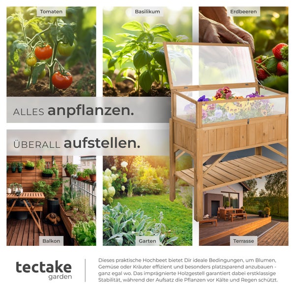 Produktbild mit Tomaten, Basilikum, Erdbeeren und einem Hochbeet auf Balkon, Garten und Terrasse. Tectake Garden Logo