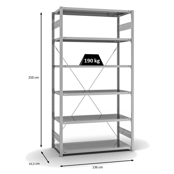 PROREGAL Fachbodenregal Stecksystem T-Profil Light-Duty Grundregal HxBxT 250 x 130 x 60 cm 6 Ebenen Fachlast 190 kg Einseitig Nutzbar Verzinkt