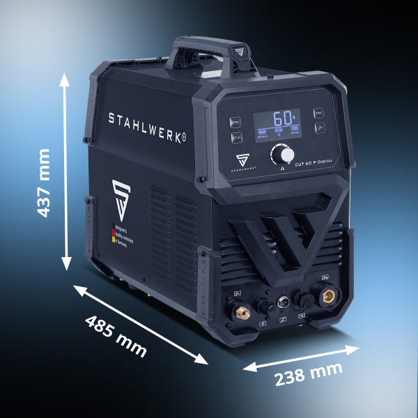 Stahlwerk CUT 60 P Digital Plasmaschneider mit den Maßen 437 mm Höhe, 485 mm Länge und 238 mm Breite