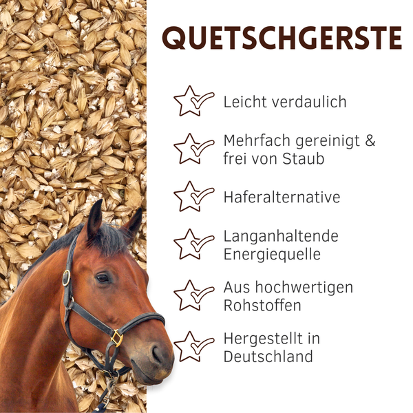 Quetschgerste mit Pferd im Vordergrund und Hinweisen zu den Produkteigenschaften