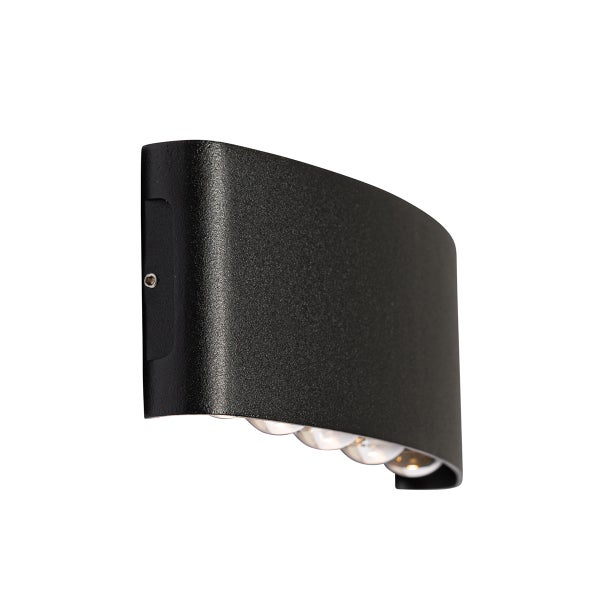 Moderne Wandaußenleuchte in Schwarz, gewölbtes Design, mit sichtbaren LED-Linsen an der Unterseite.
