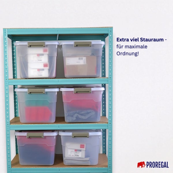 Regal mit transparenten Aufbewahrungsboxen für zusätzlichen Stauraum