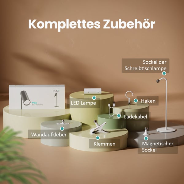 EMKE Magnetische LED Schreibtischlampe 5-in-1 Weiß Ø120×H330 mm Touchsteuerung, 3 Farbtemperaturen, Stufenlos dimmbar, USB-C Aufladung, Mobil, für Büro, Nachttisch & Wandmontage