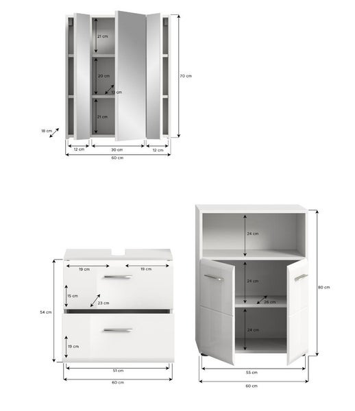 Badezimmermöbel bestehend aus Spiegelschrank, Waschbeckenunterschrank und Beistellschrank mit detaillierten Maßangaben in Zentimetern.