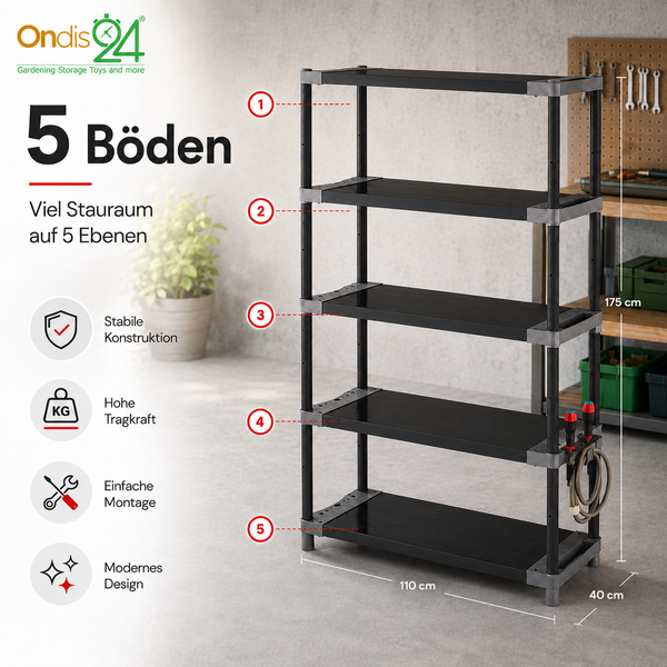 Ondis24 Logo. Kunststoffregal mit 5 Böden, 110 mal 40 mal 175 Zentimeter. Stabiles Regal, hohe Tragkraft, einfache Montage, modernes Design.