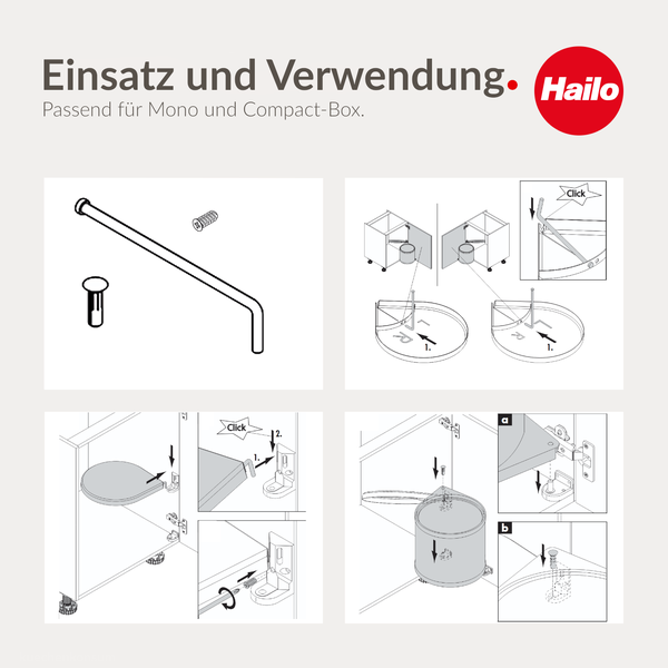 Montageanleitung für Hailo Mono und Compact-Box Abfalleimer im Küchenschrank mit Schritten zur Deckelbefestigung und Hailo Logo.