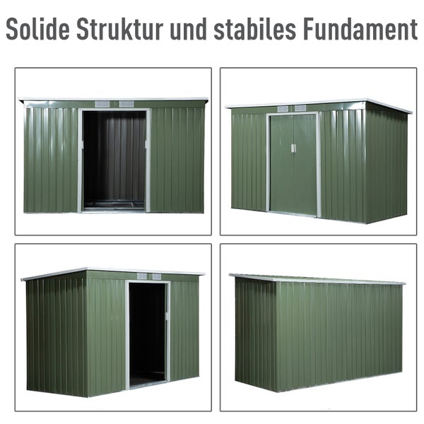 Outsunny Gerätehaus, Geräteschuppen mit Schiebetür, Lüftungsfenster, Pultdach, Outdoor, 280 x 130 x 172 cm, Stahl, Hellgrün