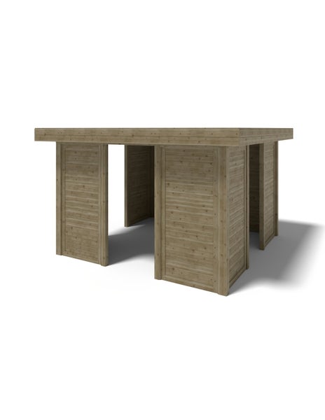 Gartenbar aus Holz mit flacher Tischplatte und vier breiten, rechteckigen Standfüßen.