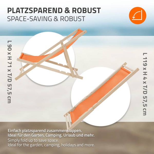 Klappbarer Holzliegestuhl mit orangefarbenem Stoff. Maße offen: 90x71x57,5 Zentimeter. Maße geklappt: 119x4x57,5 Zentimeter. Platzsparend und robust.