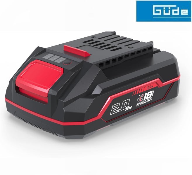 Güde Akku 18 Volt 2,0 Amperestunden Lithium-Ionen schwarz-rot mit Ladestandsanzeige Güde Logo