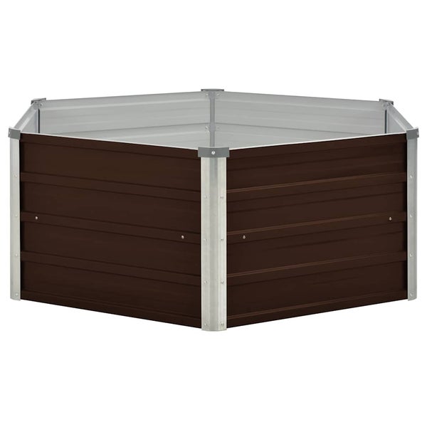 Sechseckiges Hochbeet aus Metall in Braun.