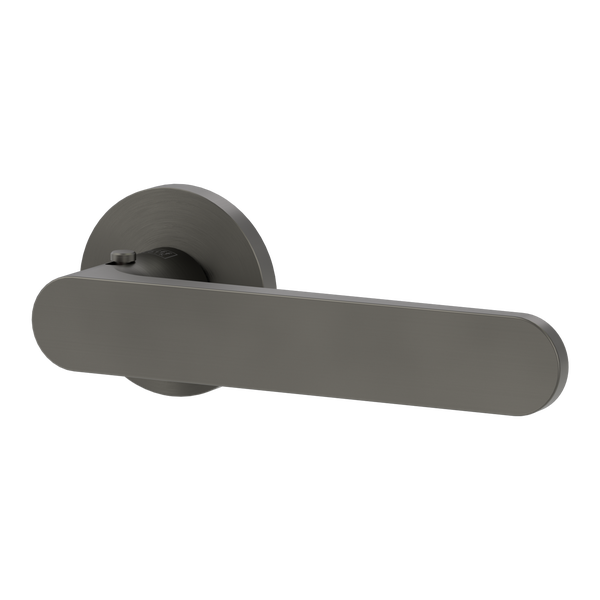 Moderner Türdrücker mit runder Rosette, flache Form, Graphit-Optik, mit integrierter Verriegelung Smart2Lock.